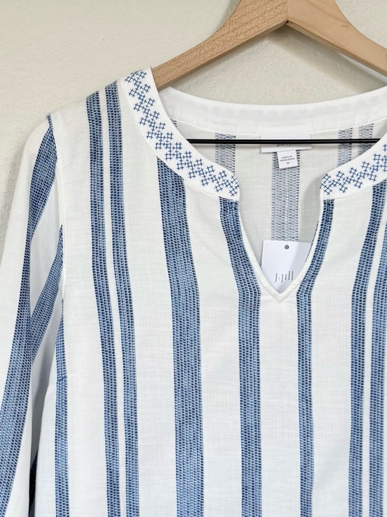 J JILL NWT M Pure Jill Embroidered Striped Top Cotton Blouse White Blue Yonder - Picture 2 of 14